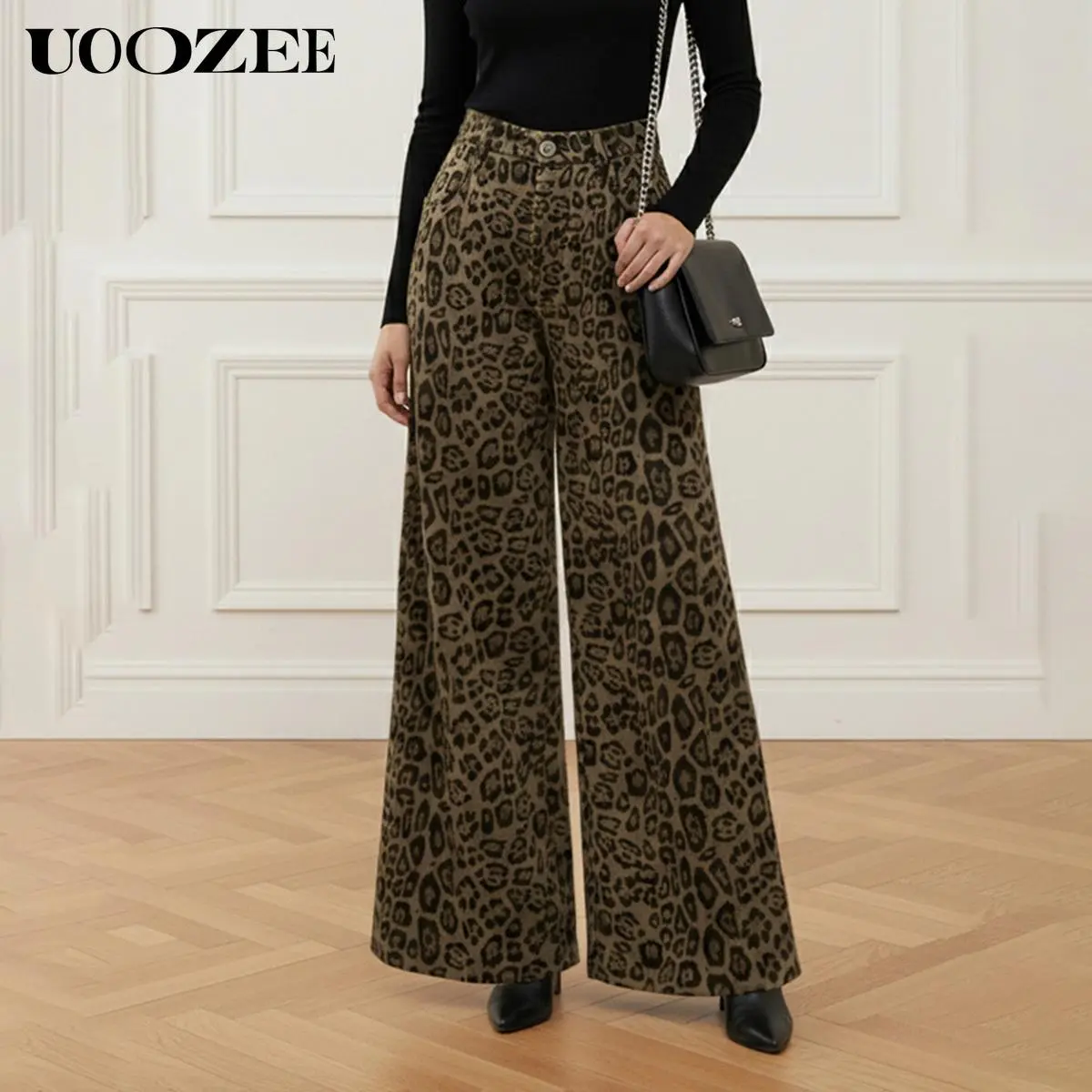 UOOZEE Women's High-Waisted Leopard Print Pants, Retro Faux Suede Wide-Leg Trousers with Pockets and Button Front for Chic Office Looks, Blazer, Smooth, Camisole, Top, Turtleneck, Comfortable, Fabric, Style, Statement, Casual, Wide-Leg Pants, Knit, Croppe