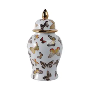 212 MAIN Decorative 14x7 in. Butterfly Temple Jar Canister, Multi-Color, Ceramic Body, Artwork Design