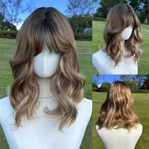 SMILCO/26Inch Highlight Deep Brown With Blonde Short Curly With Bangs Synthetic Wig/SM513