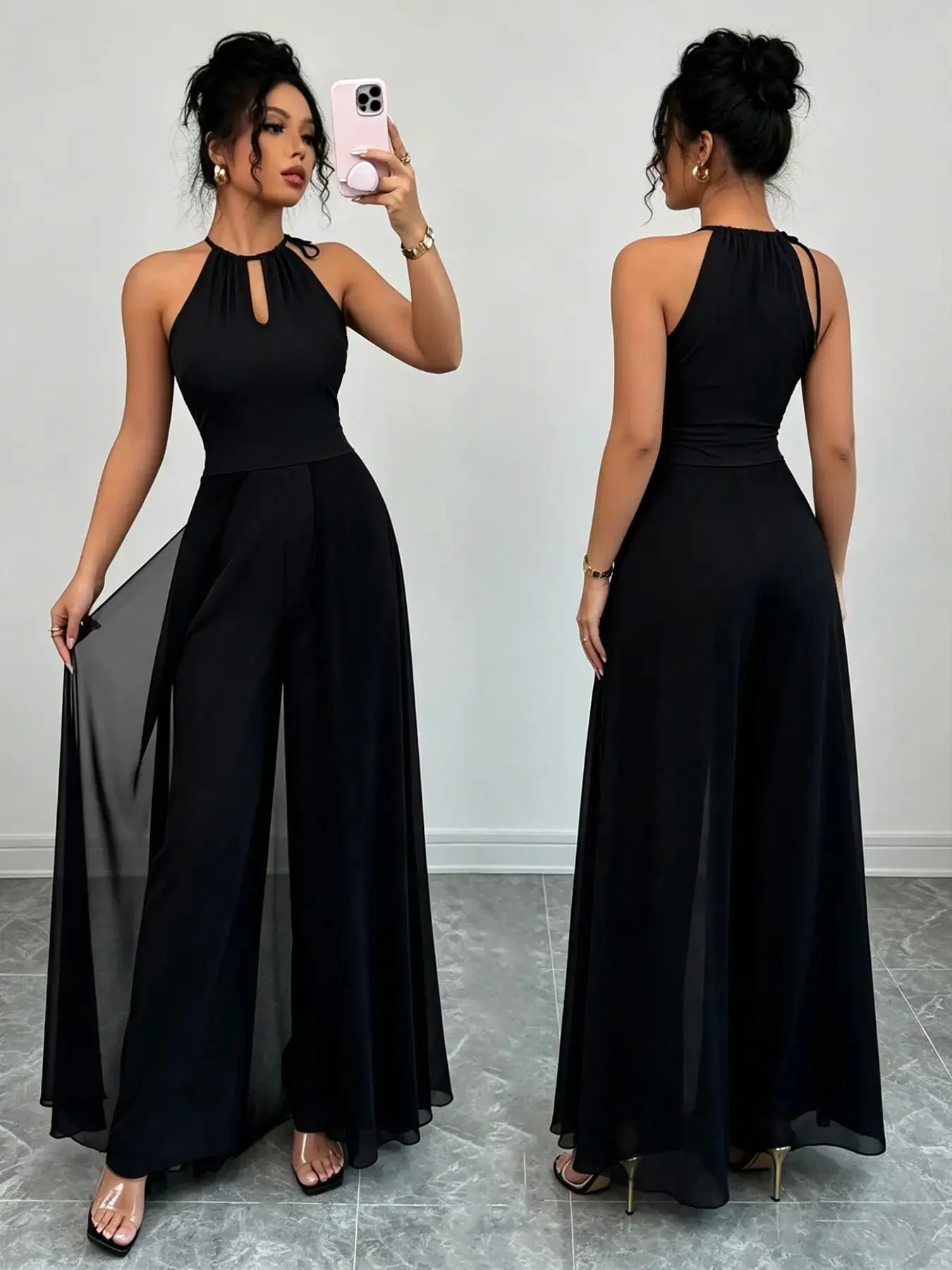 Women's Halter Neck Jumpsuit, Sleeveless Keyhole Cutout Top with Chiffon Overlay Wide Leg Pants, Elegant Formal Evening Party Jumpsuit Elegance Womenswear