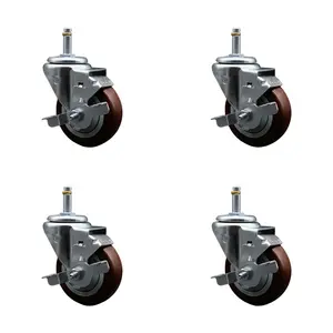 212 MAIN Lockable Polyurethane Swivel Grip Ring Stem Caster, 3.5x1.25 in. Maroon Wheels, 0.43 in. Stems, Service Caster SCC-GR20S3514-PPUB-MRN-TLB-716138-4 - Set of 4, Lockable Wheels