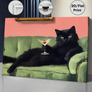 Funny Black Cat Cocktail  Art, Chic Martini Cat Painting, Sassy Animal Poster, Vintage Style Cat Lounge Artwork, Whimsical Pet Decor, Modern Funky  Gift for Cat Lovers Art  Decoration Artistic Frameless Water Proof wooden frame canvas print Wall