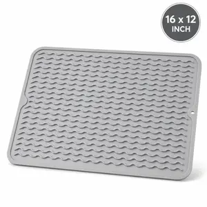 Silicone Kitchen Counter Sink Drying Mat 16 x 12 Inch Grey, Non Slip Heat Resistant Dish Drying Pad for Kitchen Counter Sink Drawer Liner