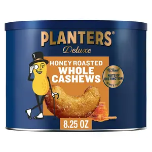 Planters Deluxe Honey Roasted Whole Cashews 8.25oz Canister Plant-Based Protein Party Snack Sweet and Salty Nuts Kosher Quick Snack for Adults