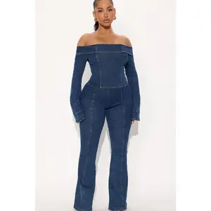 City Lights Off Shoulder Denim Flare Pant Set - Medium Wash 4