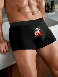 Men's Christmas Funny Stretchy Boxer Briefs, Trendy Sunglasses Santa Print, Comfortable Daily Underwear, Holiday Casual Style