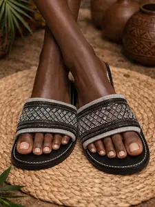 Glam Luxe Rhinestone Slide Sandals – Black & Silver