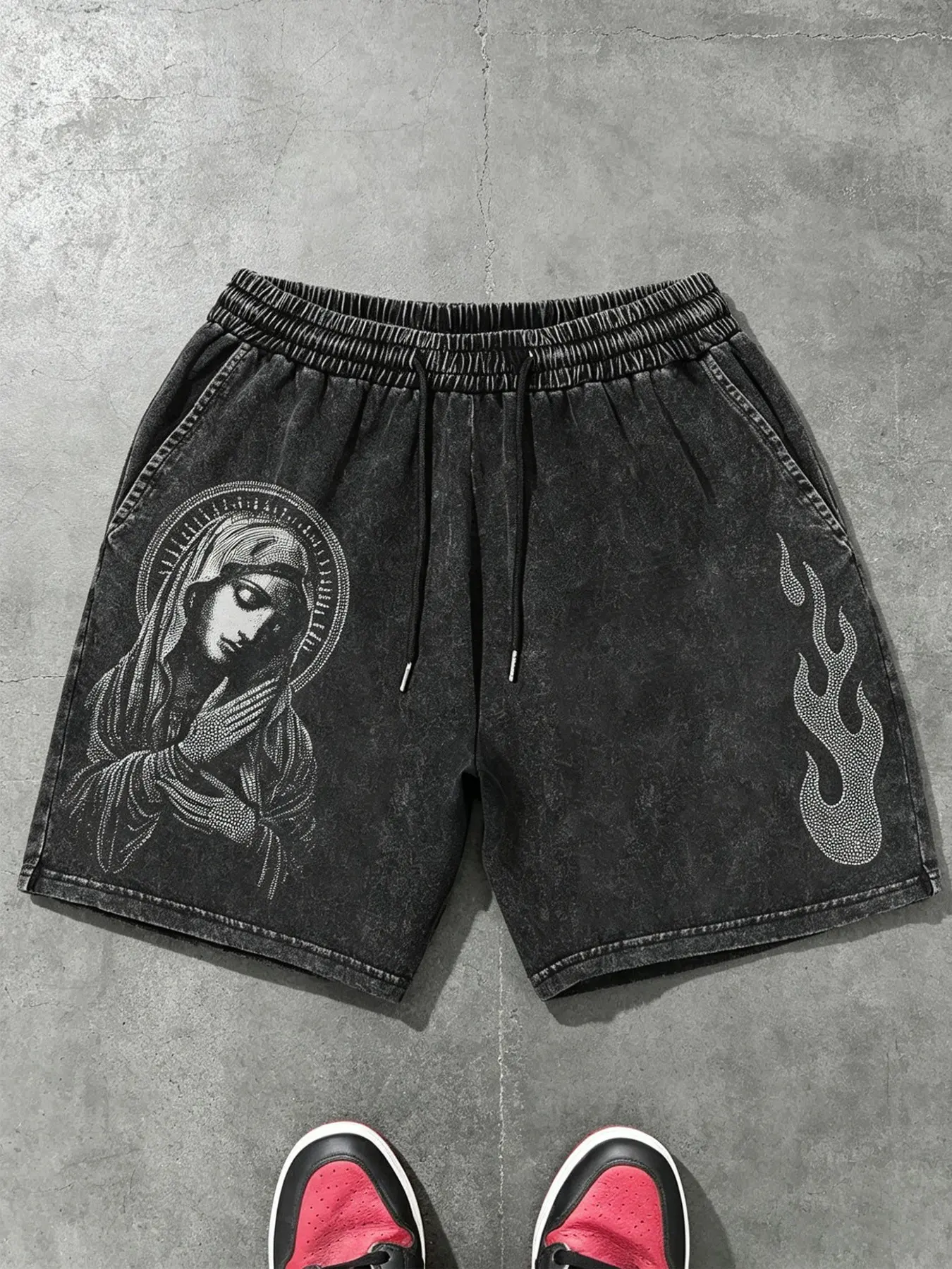 Men's Vintage Black Oversized Shorts, Gothic Mary & Flame Print, Elastic Waist Cotton Shorts for Punk & Dark Academia