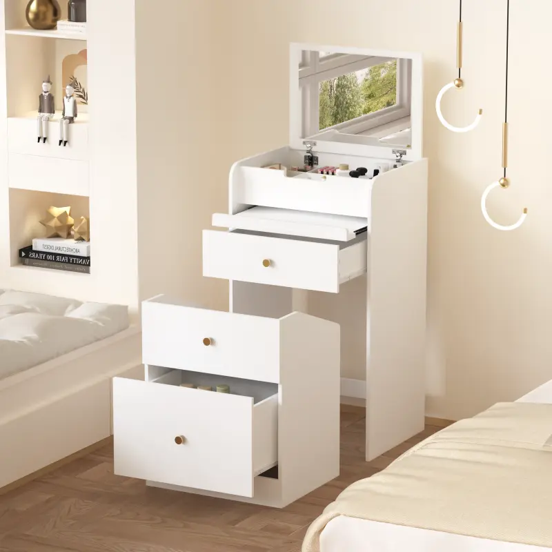High end and high-quality Small Vanity Desk with Mirror - White Makeup Vanitys Set Make up Table with Chair, Drawers, Mini Space Saving Cute Dressing Table for Girls Bedroom Living room