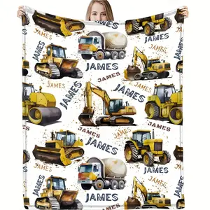 Cute Excavator Construction Truck Blanket Soft Polyester Throw Blanket Skyscraper Pattern Cozy Machine Washable Blanket for Bedroom Living Room Kids Gift