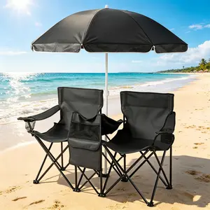 XL Double Folding Fishing Chair - Heavy Duty 480 lbs Capacity, with Umbrella, Cooler Bag, Cup Holders, Portable Outdoor Chair for Camping, Beach Use, Black