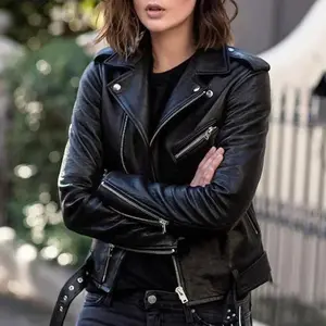 New Fashion Women PU Leather Jacket Vintage Short Lapel Zip Belt Biker Streetwear  Tops Coats Jackets Clothing Long Sleeve Womenswear Fit Formal Faux Flat Garment Light Gamis Outerwear Casual Fitted Vneck Basic Beige Minimalist