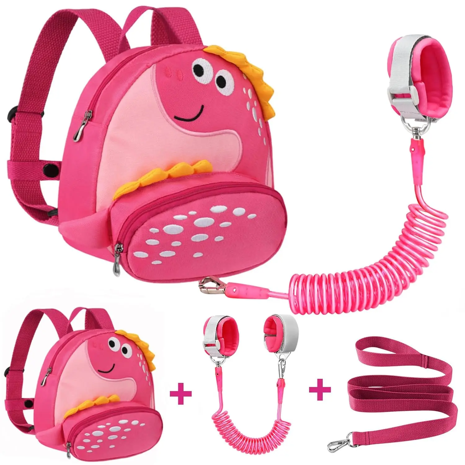 XY-CPB06 Toddler Backpack Harness with Safety Leash, Cute Dinosaur Harnesses with Kids Anti Lost Wrist Link, Mini Child Schoolbag with Wristband Tether Strap and Protection Leashes for Baby Girls (Pink)