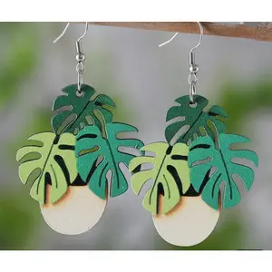 Monstera Plant, Drop Earrings Wooden Potted Plant Design Match Daily Outfits Party Accessories Gift For Family/ Friends