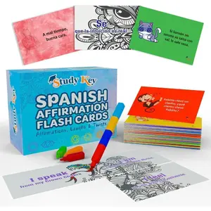 Spanish Learning Affirmation Flash Cards for Adults – Bilingual English Spanish Motivational Cards with Tongue , Coloring Puzzle & Positive Quotes | Educational Language Learning Cards