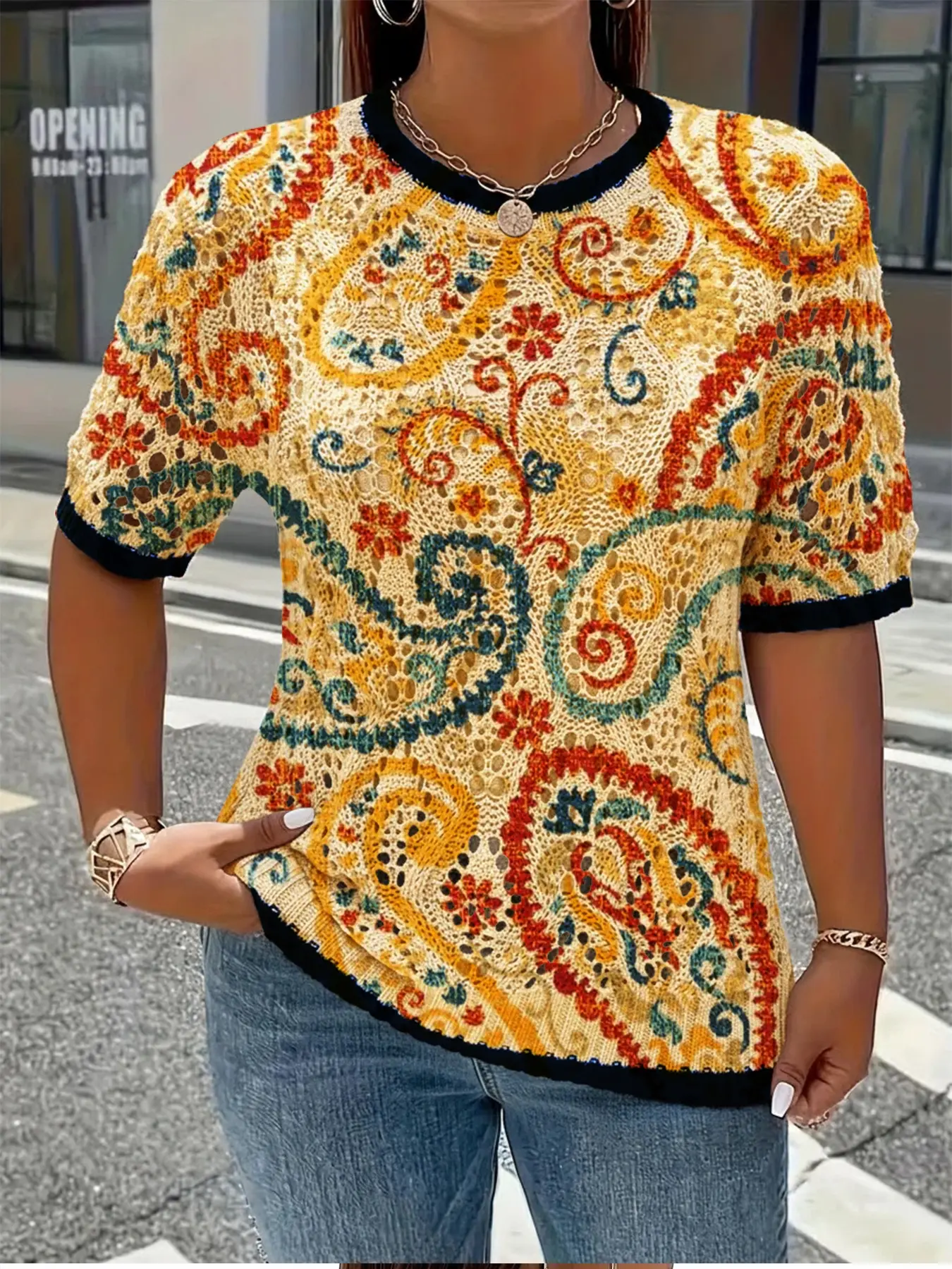 Women's Vintage Ethnic Paisley Print Knit Sweater, Round Neck Short Sleeve, Hollow Out Design, Casual Comfortable Breathable