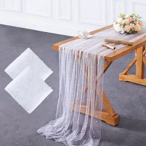 2 Pieces White Pearl Table Cloth: Wedding Table Runner Decor 10ft Tulle Fabric for Bridal Shower Wedding Arch Veil Lace Table Runner Decorations 60x120 Inch