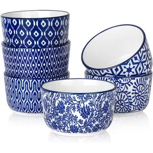 8 Oz Ceramic Ramekins Set of 6, Vintage Blue Oven Safe Baking Cups for Creme Brulee Souffle Custard Pudding, Small Bowls for Ice Cream Dip
