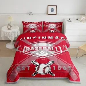 Comforter Set for Youth,Boys Baseball Quilt,Baseball Lovers Bedding Comforter Sets,Red Gray Ball Game Duvet Insert All Season,Cincinnati