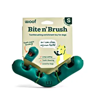 Woof Bite n' Brush Small Toothbrushing Enrichment Toy for Dogs - V-Shaped Design with Special Bristles for Plaque & Tartar Removal - Non-Toxic Natural Rubber - BPA & Phthalate Free