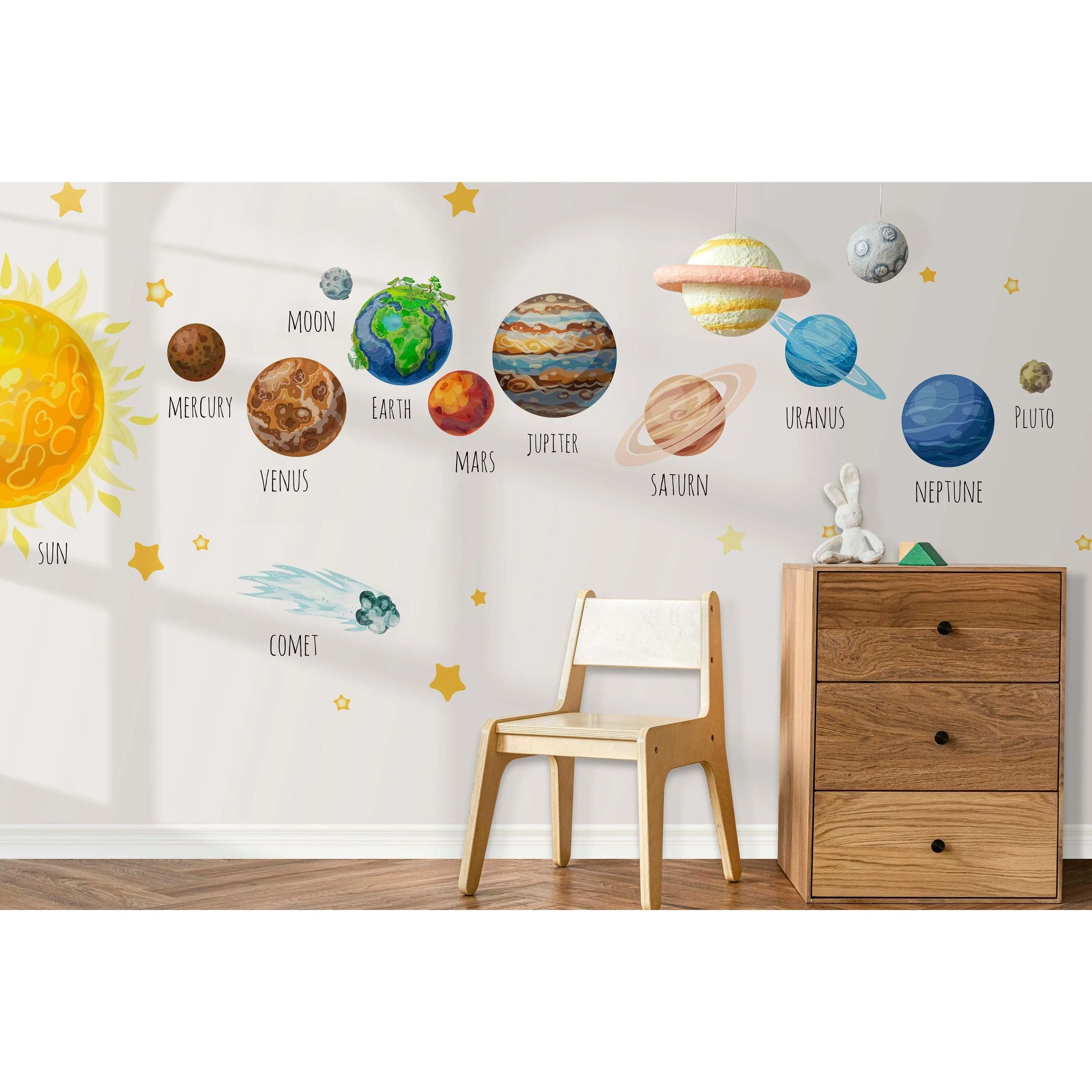 Sun Planets Wall Decals Space Stickers Solar System Kids Room Decor Classroom Stars Comet, LF479