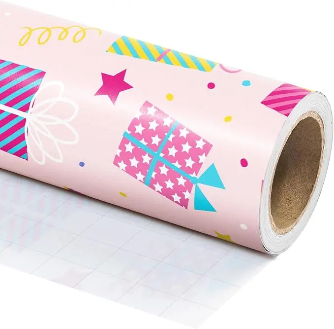 WRAPAHOLIC Pink Girls Birthday Wrapping Paper Collection, Cute Unicorn Mermaid Cat Bow Elephant Gift Wrap with Rainbow, Balloon and Party Designs for Baby Shower, Kids Birthday, Girls Party, Wedding Celebration, 17 Inch x 9.8 Feet