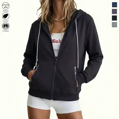Women’s casual hooded zip-up sweatshirt, women’s lightweight jacket, women’s top, solid color, suitable for outdoor sports and casual wear, women’s top