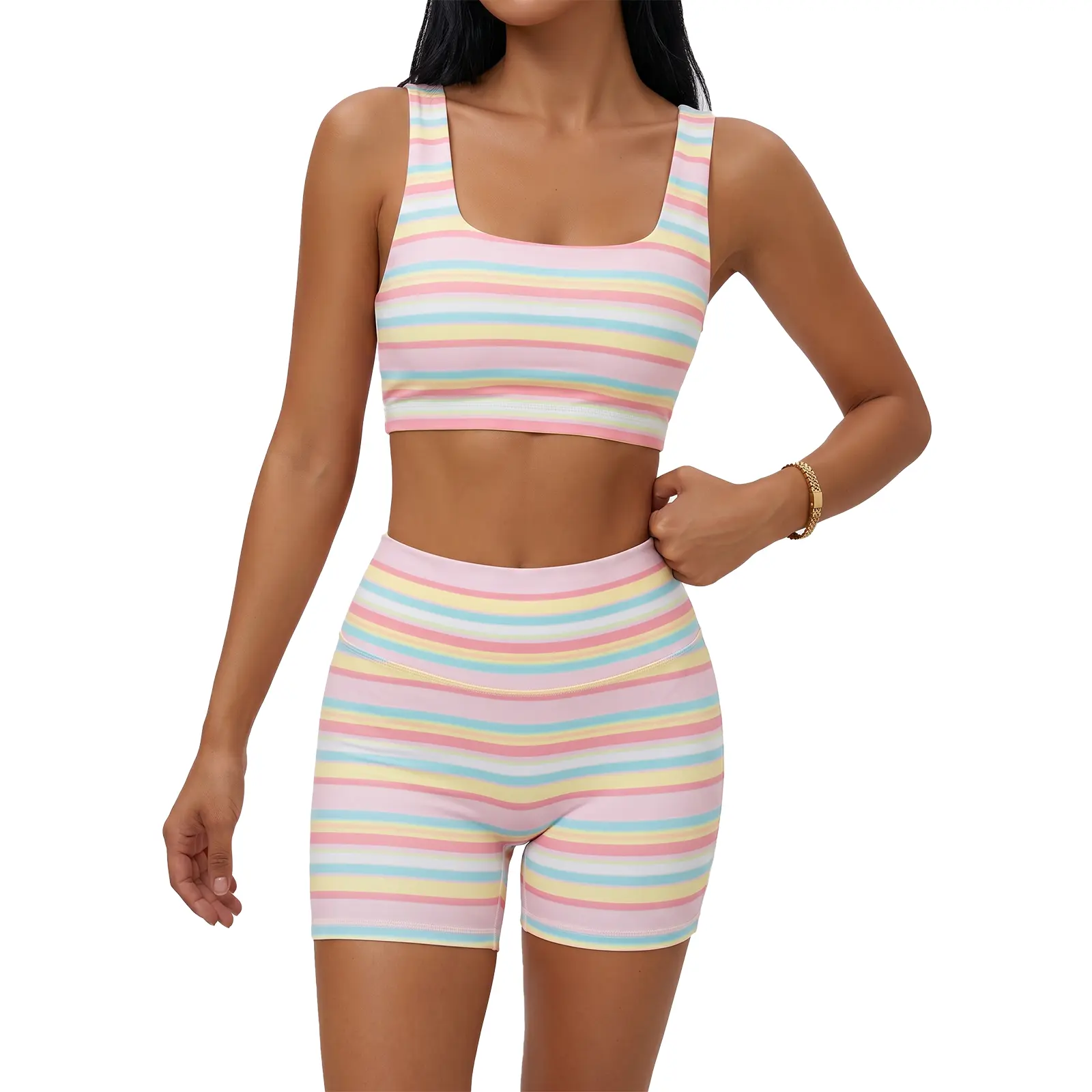 FISOEW Women’s Rainbow Stripe 2 Piece Workout Set Sleeveless Crop Tank Top High Waist Biker Shorts Matching Lounge Outfit