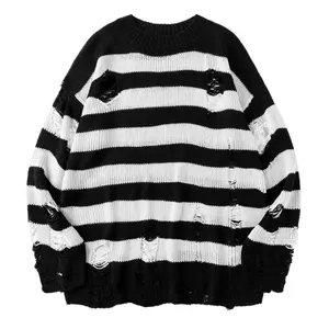 Men's Striped Loose Holey Round Neck Long Sleeve Pullover Knitwear - Menswear, Casual Versatile Slimming Design, Timeless Red and Black Colorway, Easy-to-Match Practical Top