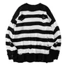 Men's Distressed Striped Acrylic Knit Pullover Sweatshirt - Menswear Knitwear Streetwear Clothing, Long Sleeve, Loose-Fitting, Pull-On Casual Crewneck Sweatshirt, Ripped Holes, Hollow Design, Colorblock Round Neck, Slimming Cut