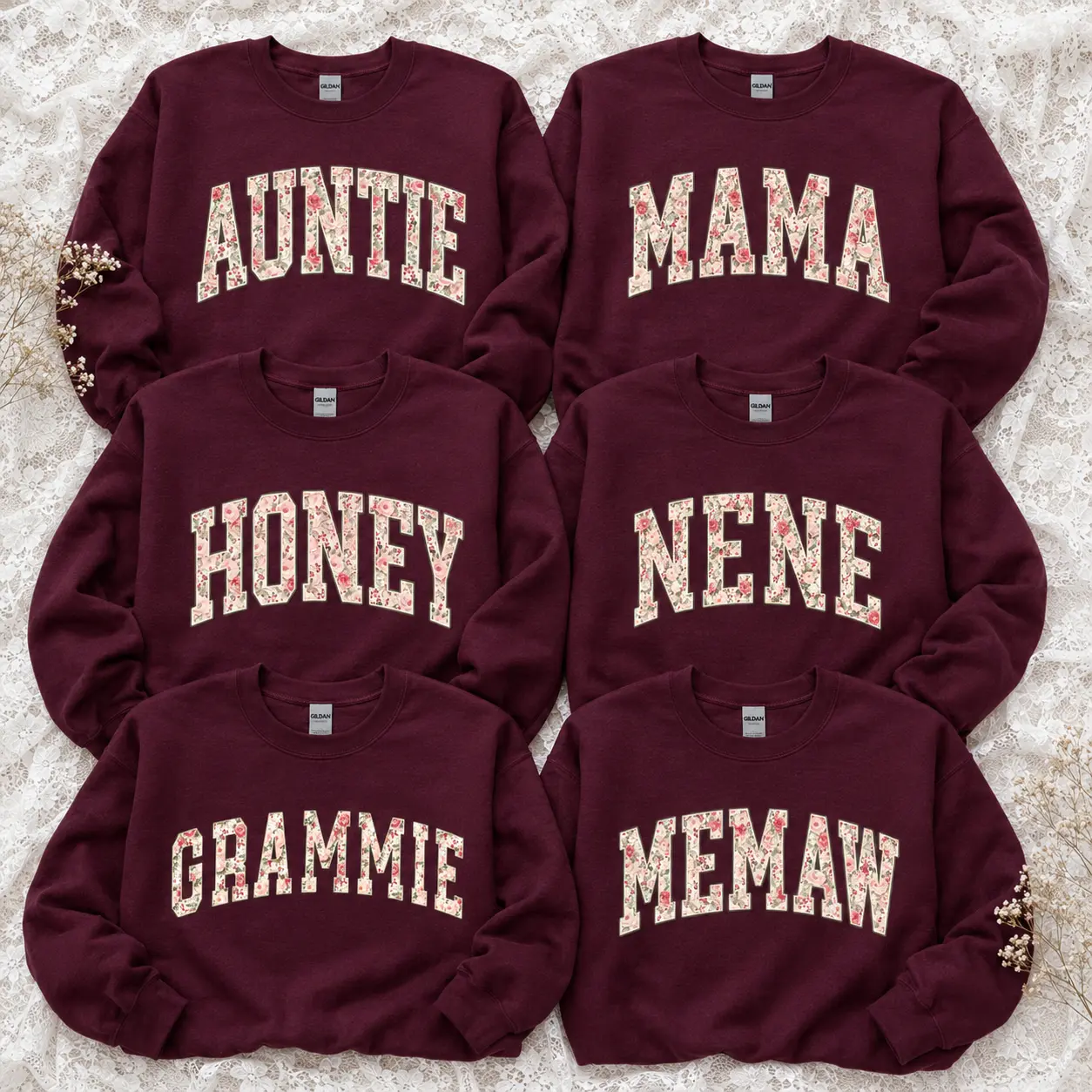 Personalized Floral Family Sweatshirt, Auntie Mama Honey Nene Grammie Memaw Crewneck, Custom Grandma Gift, Mother's Day Sweatshirt, Gildan Unisex Pullover, Cozy Family Apparel -DPCLICK