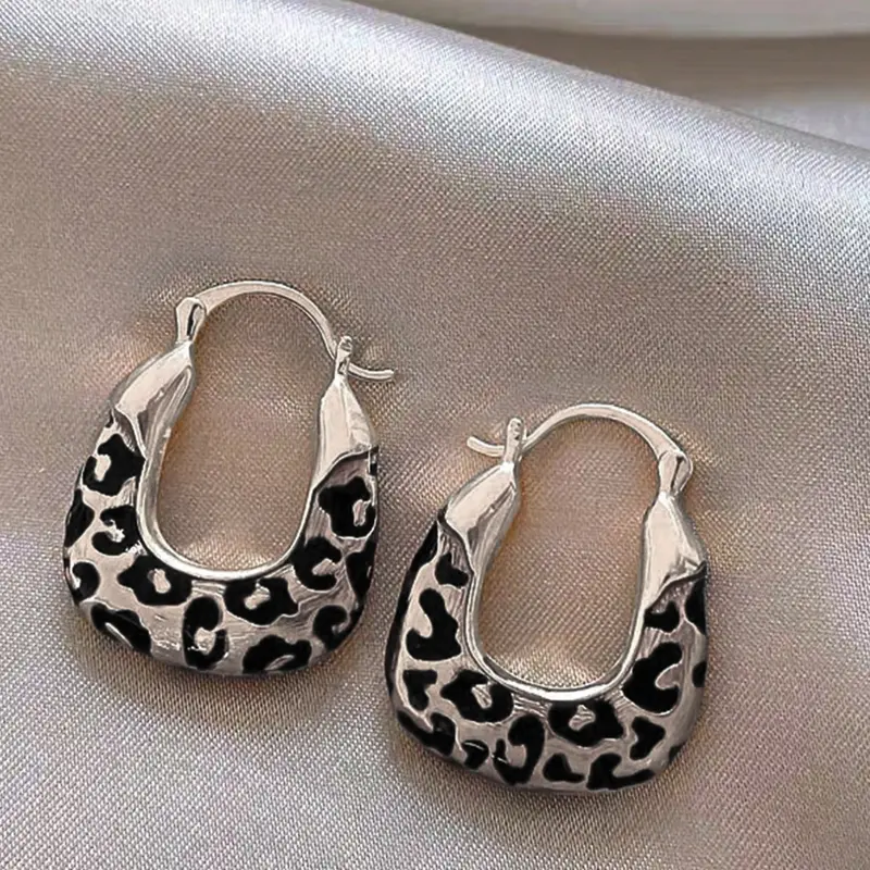 Vintage Geometric Leopard Print Hoop Earrings, Unique Design Earrings, High-End Elegant Party Jewelry for Women, Perfect for Gatherings