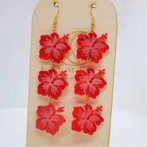 Hanging Hibiscus Trio Earrings - Laser Cut Acrylic Tropical Flower Earrings