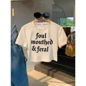 Foul Mouthed And Feral Graphic Crop Tee Womens Vintage Gothic Letter Print Short Sleeve Crewneck Soft Stretch Y2K Streetwear Summer Going Out Top