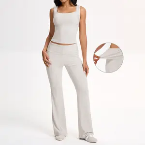 SHESHOW Two-piece Elegant Ribbed Foldover Flared Pants Set Women's Solid Loungewear Set