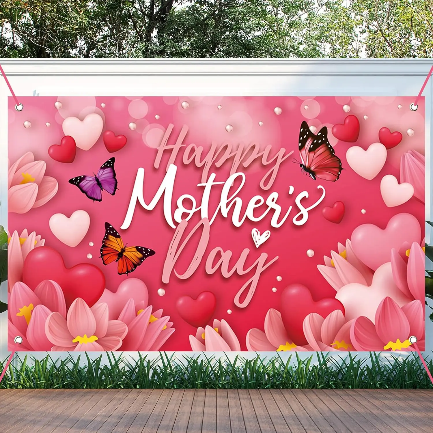 Large Happy Mother's Day Banner Decorations Mothers Flag Outdoor 71x44 Inch Mom Gifts for Indoor Home House Decor Party Supplies Yard Sign Background Photography  Red Pink Heart Flowers