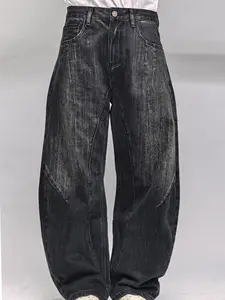 Lux Lee Women's Baggy Dad Barrel Jeans in Black - Pleated Textures & Distressed Vintage Wash, High Waist Relaxed Fit for a Flattering, Everyday Streetwear Look