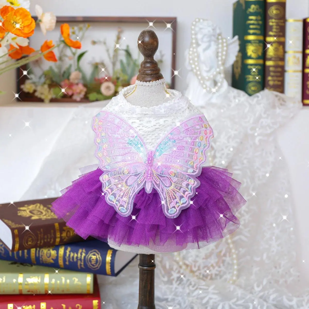 Purple Fairy Butterfly Pet Dress, Lace Tulle Tutu Skirt with Embroidery, Harness Outfit for Small Dogs & Cats, Party Wear, Butterfly Motif, Fairy Theme, Fabric, Festive Look, One-Piece