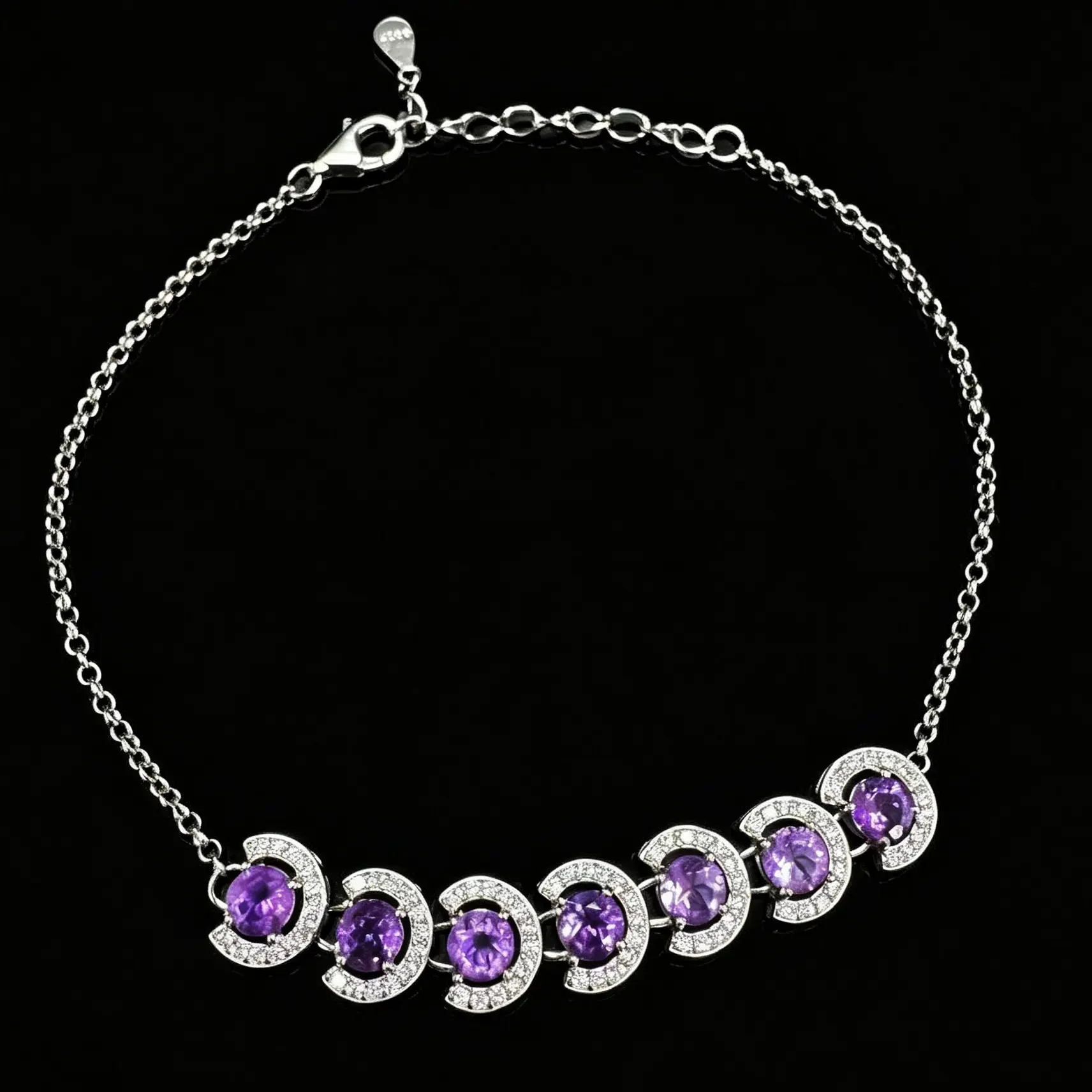 925 Sterling Silver Natural Amethyst Bracelet, Crescent Moon Design With Cubic Zirconia Accent Adjustable 20.5cm Wrist Chain For Women