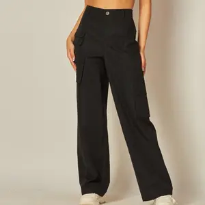 Cotton Twill 3 Pocket Cargo Pants - High Waist Wide Leg with Multiple Pockets