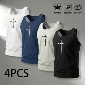 Men’s Jesus cross print tank top, breathable slim-fit athletic casual sleeveless shirt, soft breathable faith-themed tank top, men’s U-neck sleeveless sports tank top Menswear Man