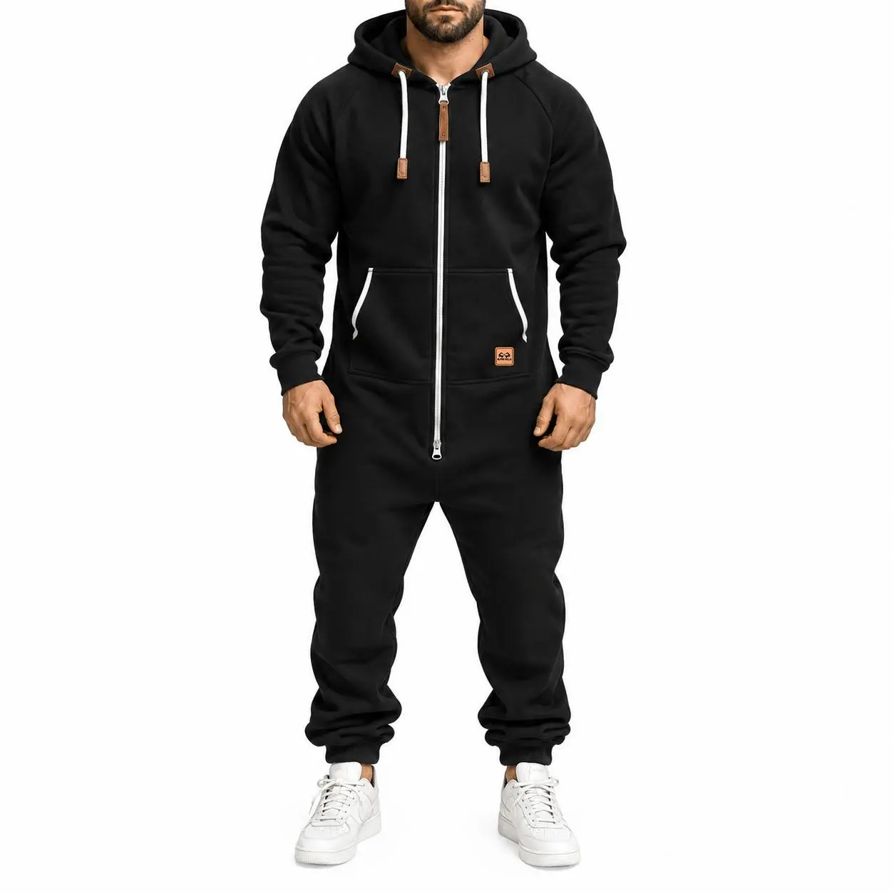 Men’s Fall/Winter Hooded Fleece-Lined Cargo Jumpsuit, Multi-Pocket Full-Zip One-Piece Workwear, Relaxed Fit Functional Streetwear Outfit With Long Cuffed Pants For Outdoor Activities, Daily Wear And Travel