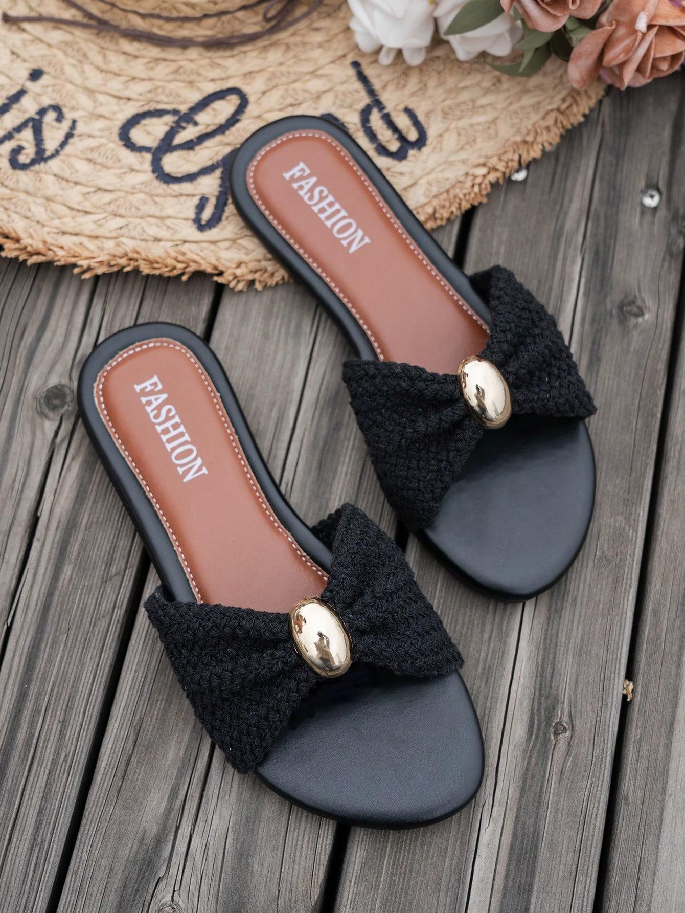 AESS Women's Flat Slip-On Sandals - Bowknot Metal Decor, Straw Woven, Open Toe, Braided Strap, Ruffle Accent, Animal Print Option, Comfortable Vacation Footwear for Plant Lovers