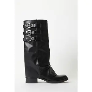 JUST FAB Women's Retro Slouch Mid-Calf Moto Boots - Triple Buckle Design, Block Heel, Western Casual Shoe for Fall & Streetwear Footwear