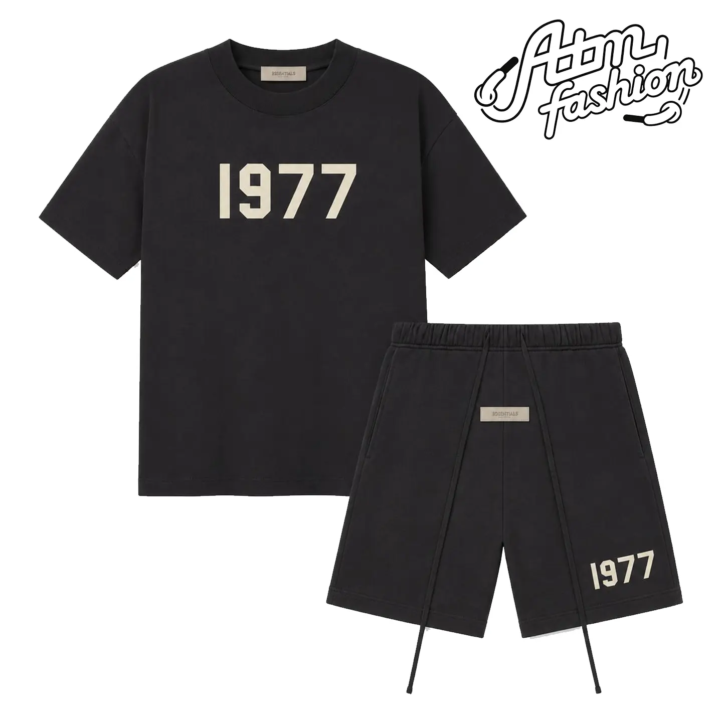 (Tee and Shorts) Fear of God Essentials Style 1977 T-Shirt & Shorts Set Oversized Fit Streetwear Casual Matching Two-Piece Set Stretch Jet Black Summer Outfit Men’s Crewneck Short Sleeve Lounge Set