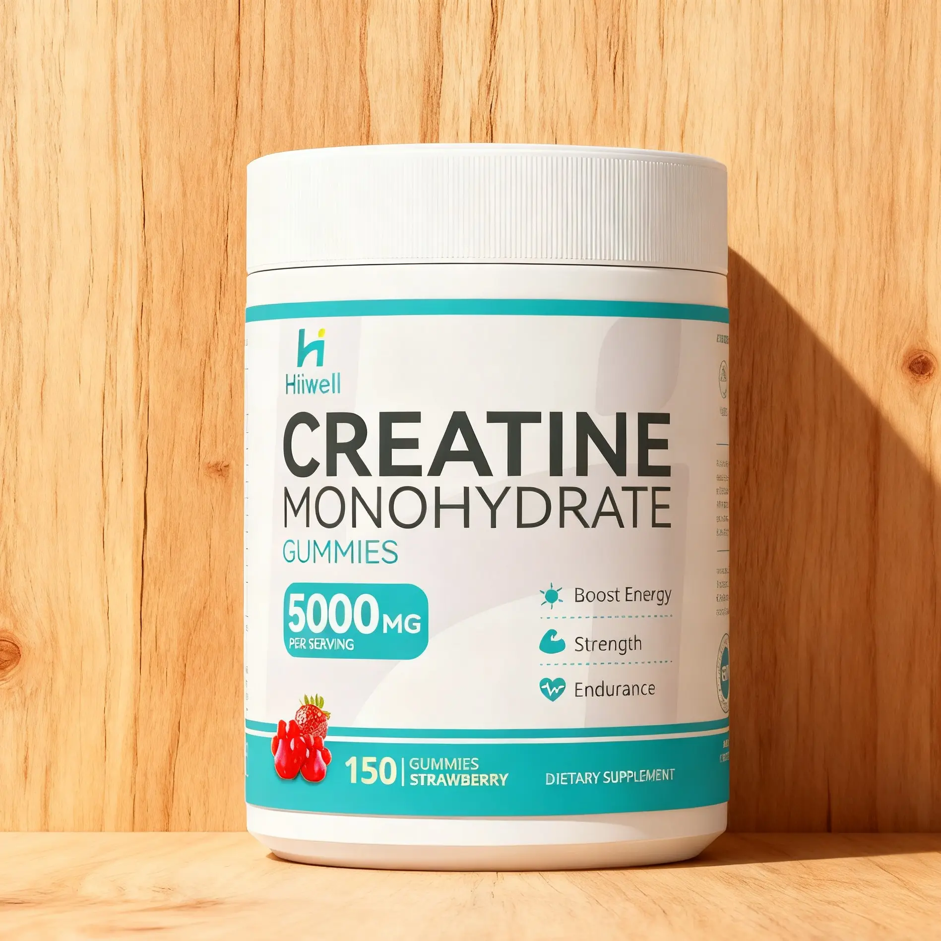 Hiiwell Edible Vegan Creatine Monohydrate Easy-to-Eat Gummies, 5000mg per Serving, 150 Pieces, Strawberry-Mixed Flavors, Contains Vitamins (B12), Energy-Boosting Fitness Supplement, Third-Party Tested, Supports Strength, Muscle & Brain Health