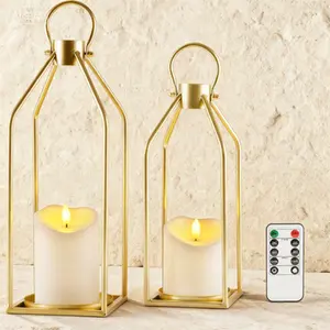Gold Metal Lantern Set with Waterproof Flameless Candle & Timer Remote, 2-Piece Decorative Lighting for Indoor Outdoor Use, Reusable Battery-Operated Lanterns for Porch Patio Table Living Room