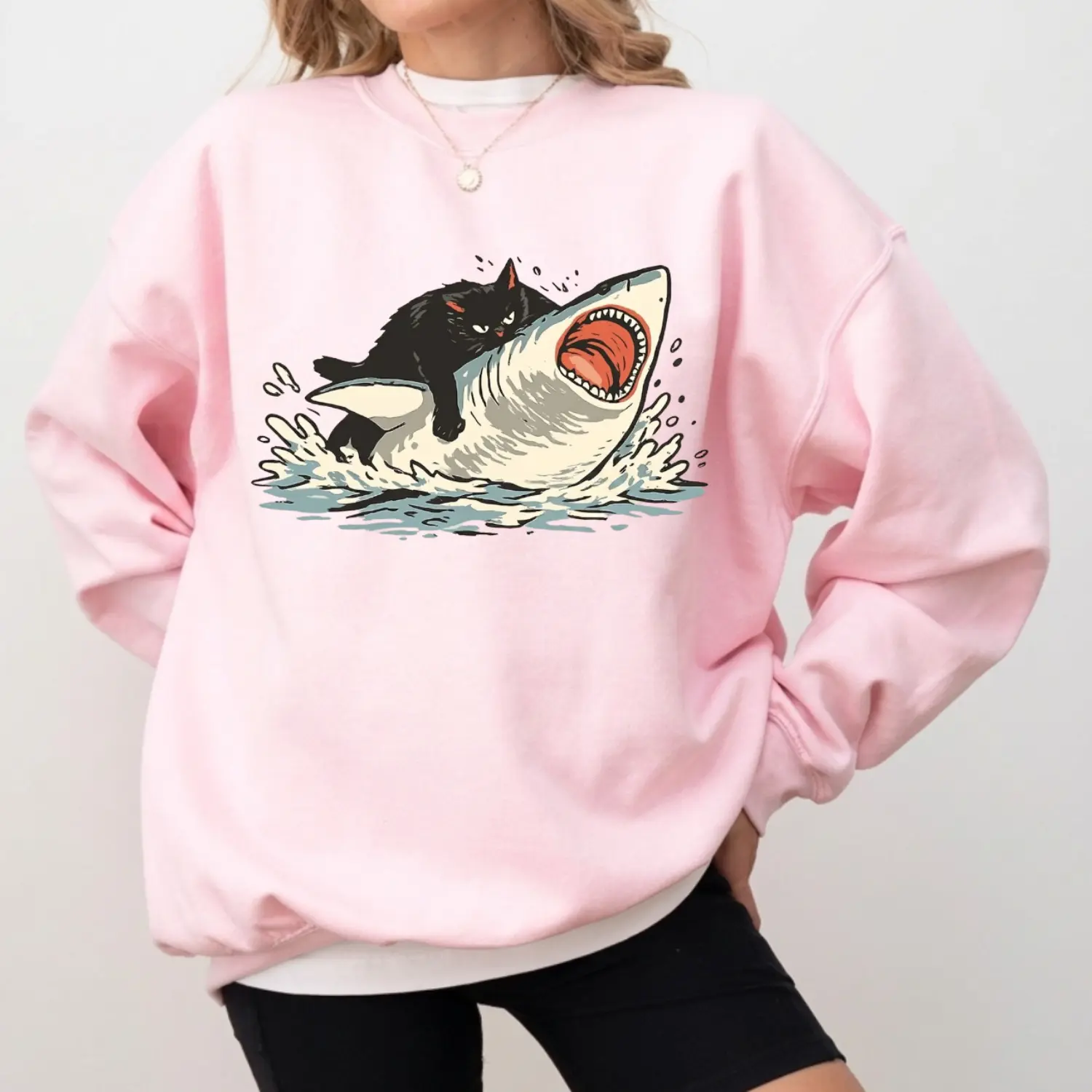 Funny Cat Shark Sweatshirt, Cute Black Cat Riding Shark Crewneck, Retro Ocean Animal Graphic Pullover, Cat Lover Gift, Cozy Casual Sweatshirt, Unique Cat Mom Gift