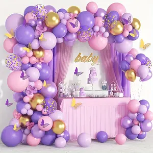 108pcs Gold Violet Macaron Pink Butterfly Balloon Chain Arch Kit, Blush Pink Balloon Wedding Birthday Party Decoration Balloon Rubber Chain, Atmosphere Render Balloons Decorate Balloons For Birthday Party Baby Shower