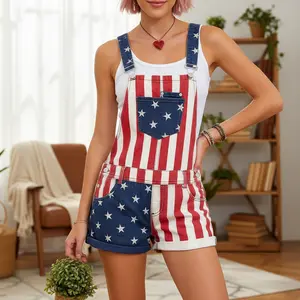 Women Summer Denim Overalls, Adults Color Block Stripe & Star Print Suspender Shorts with Pockets